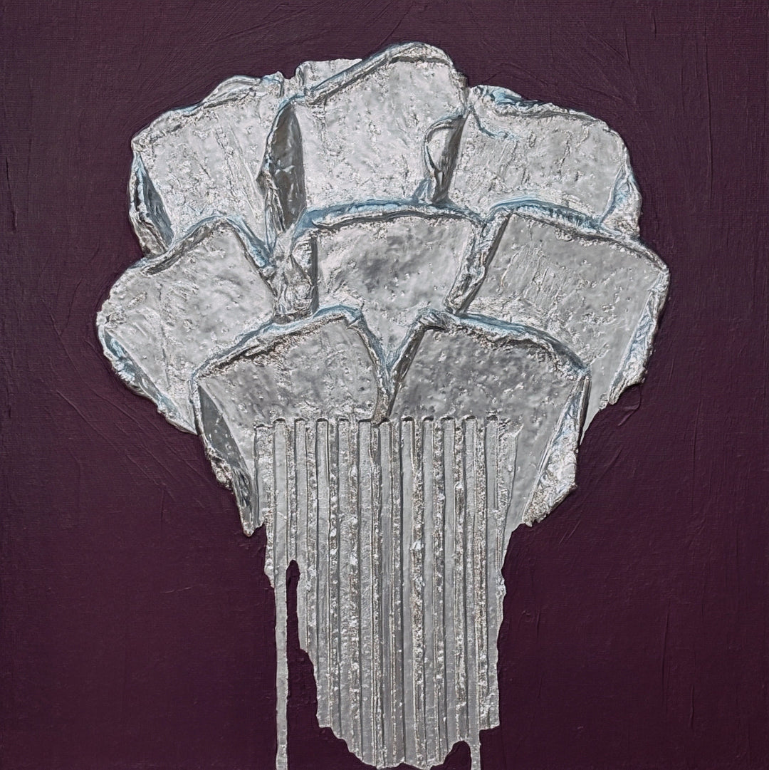 Lee in Cerulean, Botanic Chrome, joint compound and acrylic, 14 x 14 inches. A silver flower-like form of layered petal shapes on a vertically ribbed stem with drips at the base, on a dark plum background.