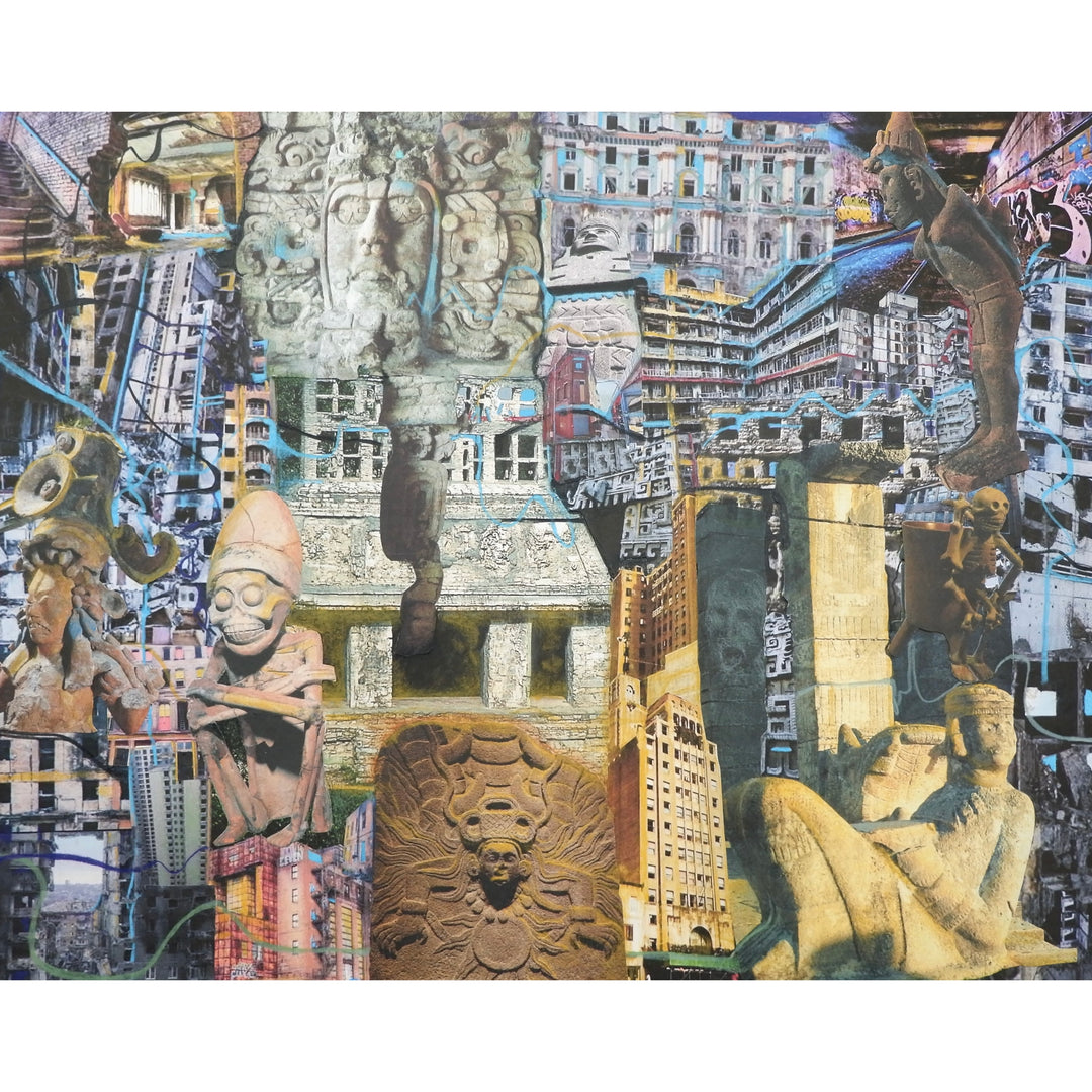 abstract collage of drawings and photographs statures idols architecture cut and paste