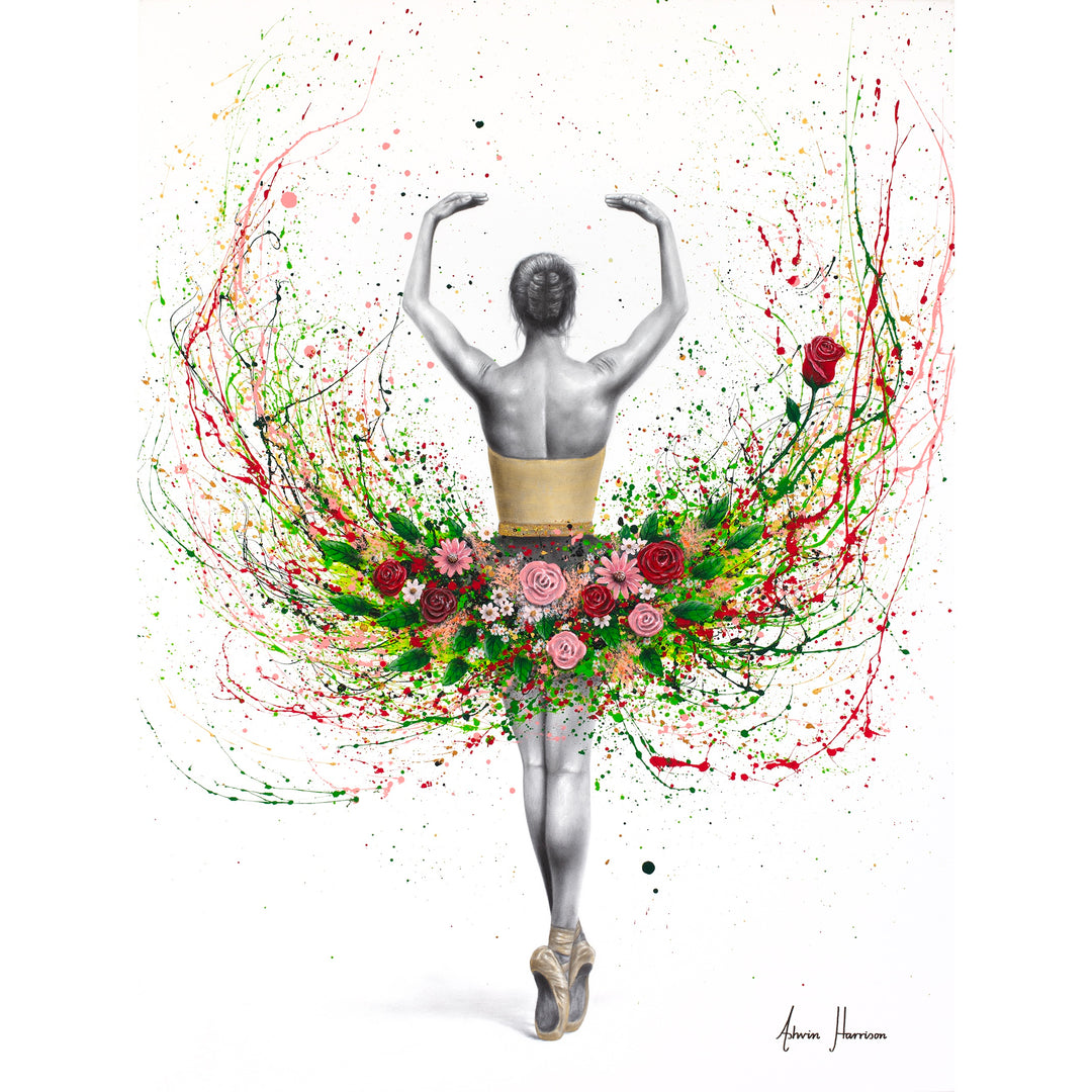 ballerina dancing facing away in black and white arms up wearing tutu of roses and flowers and green eaves on white background