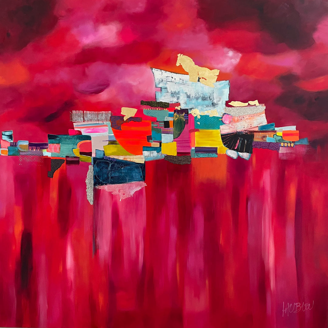 48" x 48" acrylic and gold lead painting by Lau Blou. Collaged pieces of fabric, paper, gold leaf handcut torn edges cin blue, red, pink, green, and yellow on pink streaky background