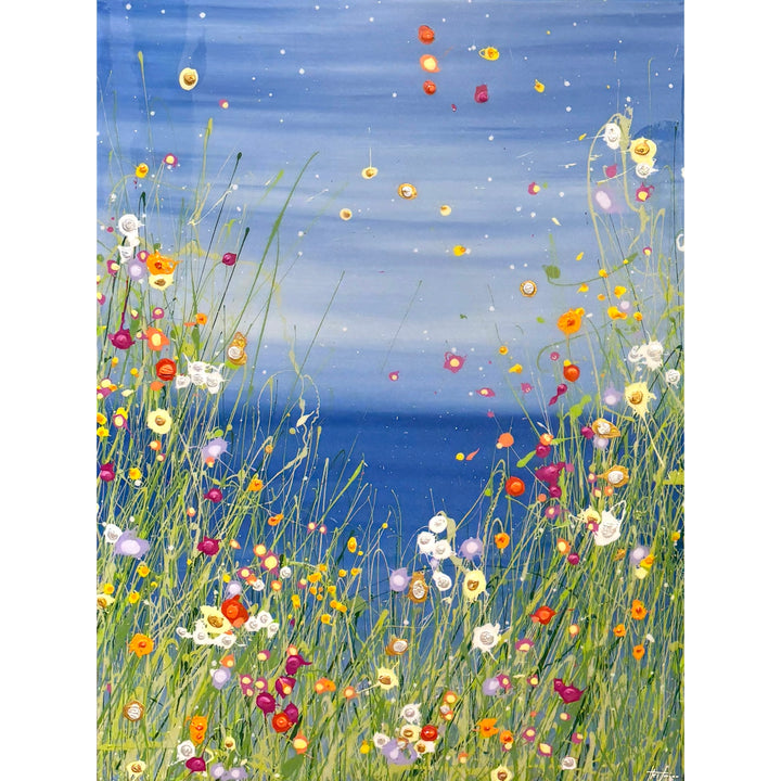 bright blue gradient skyline horizon ocean abstract grass and flowers landscape splattered abstract expressionist
