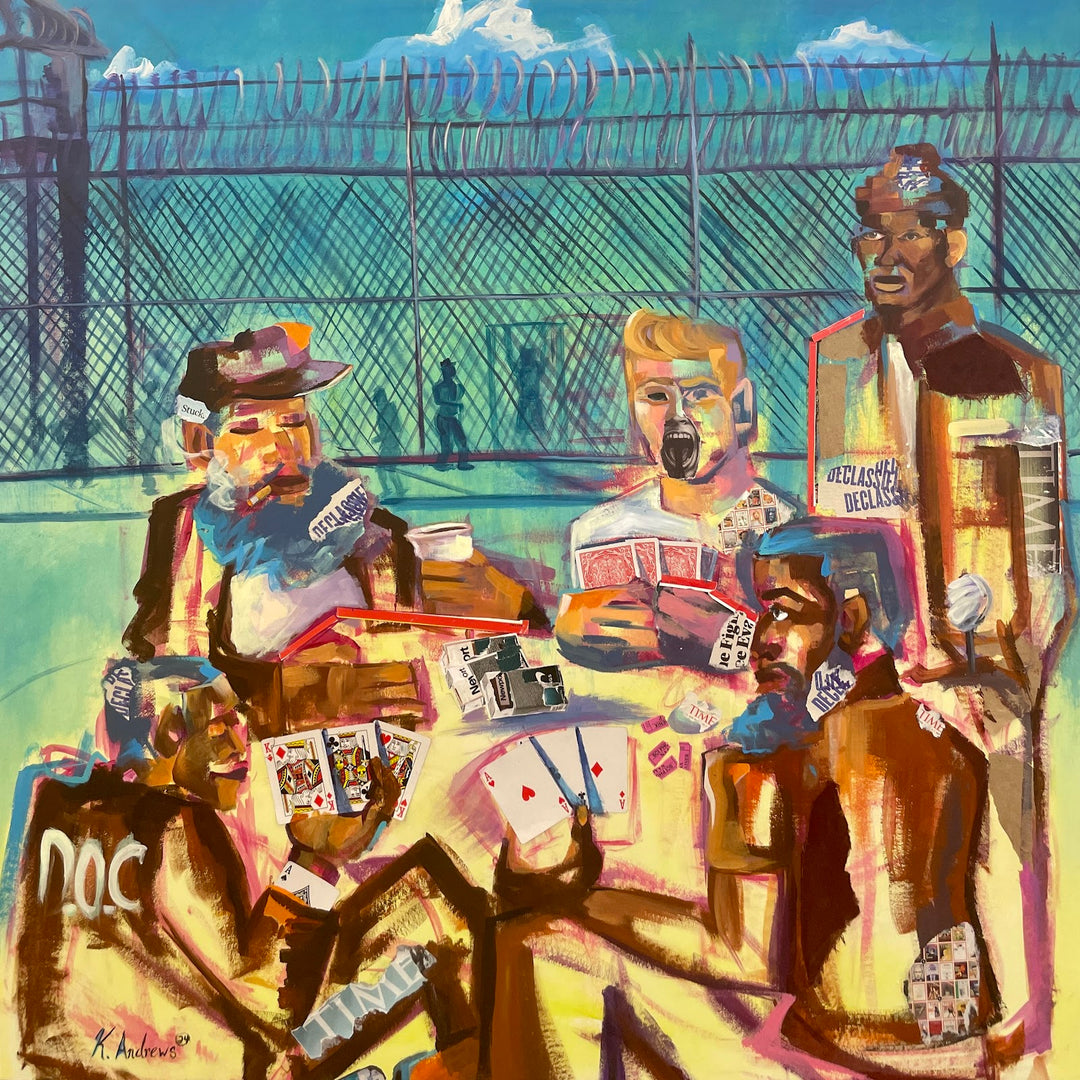 playing card prison expressionist incarceration blue and white paint 