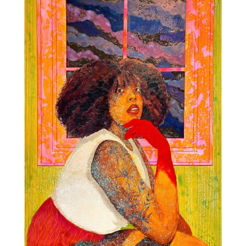 black woman figure posed curly hair crouched down tattoo on arm with glitter on skin, red and white fabric and red hands, on abstract interior window space with patterns and colors like yellow green orange pink purple blue