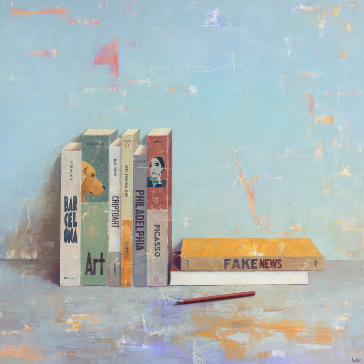 books stacked still life art history picasso fake news barcelona and pencil realism blue background textured oil painting