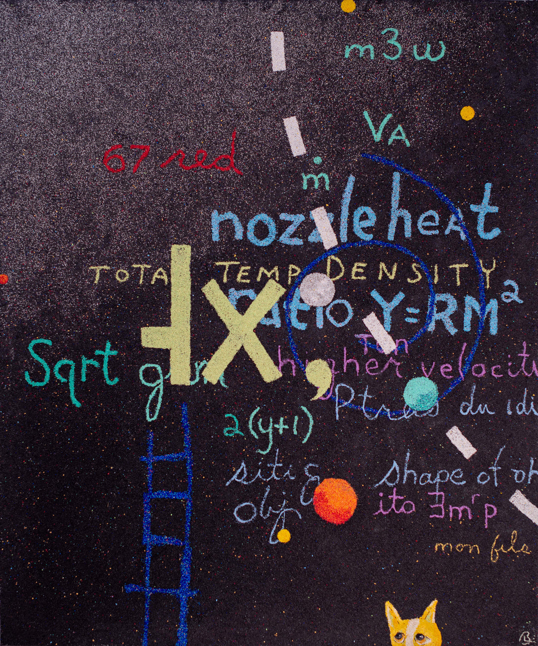72"x60" abstract piece using crushed volcanic rock and acrylic paint with lettering over a black background.