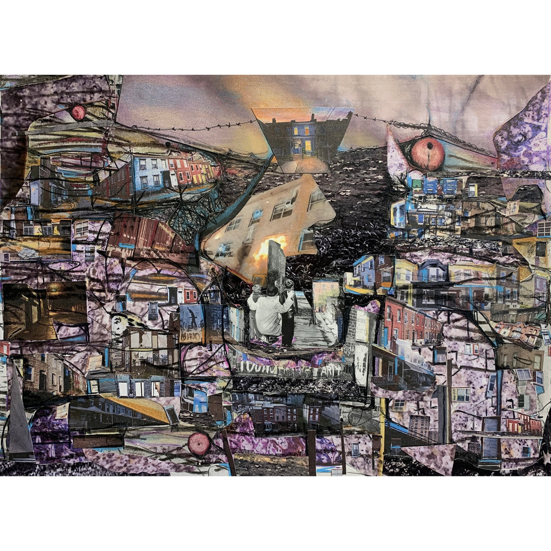 architectural purple collage of drawings and pictures distorted perspective skyline reds and pruples