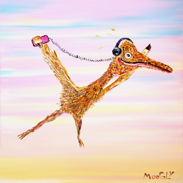 36" x 36" acrylic on canvas painting of a orange bird listening to music over a pastel gradient background. 