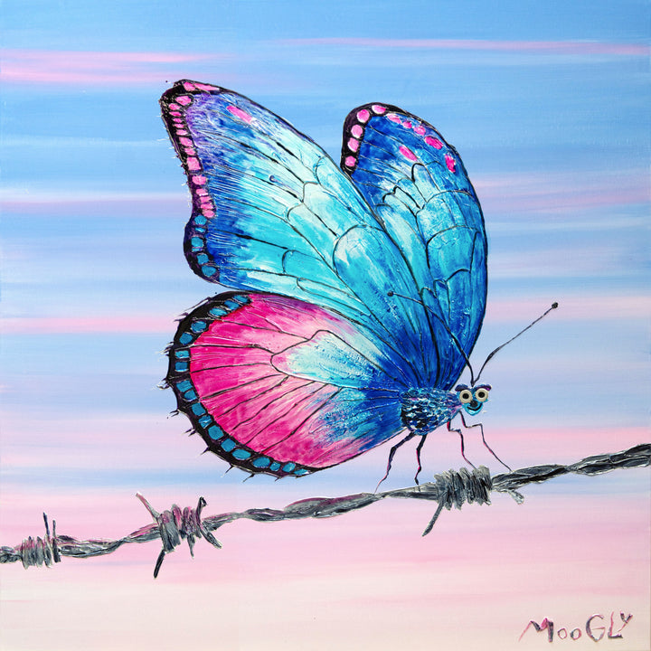 36" x 36" acrylic on canvas painting of a blue and pink butterfly resting on barbed wire over a pink and blue gradient background. 