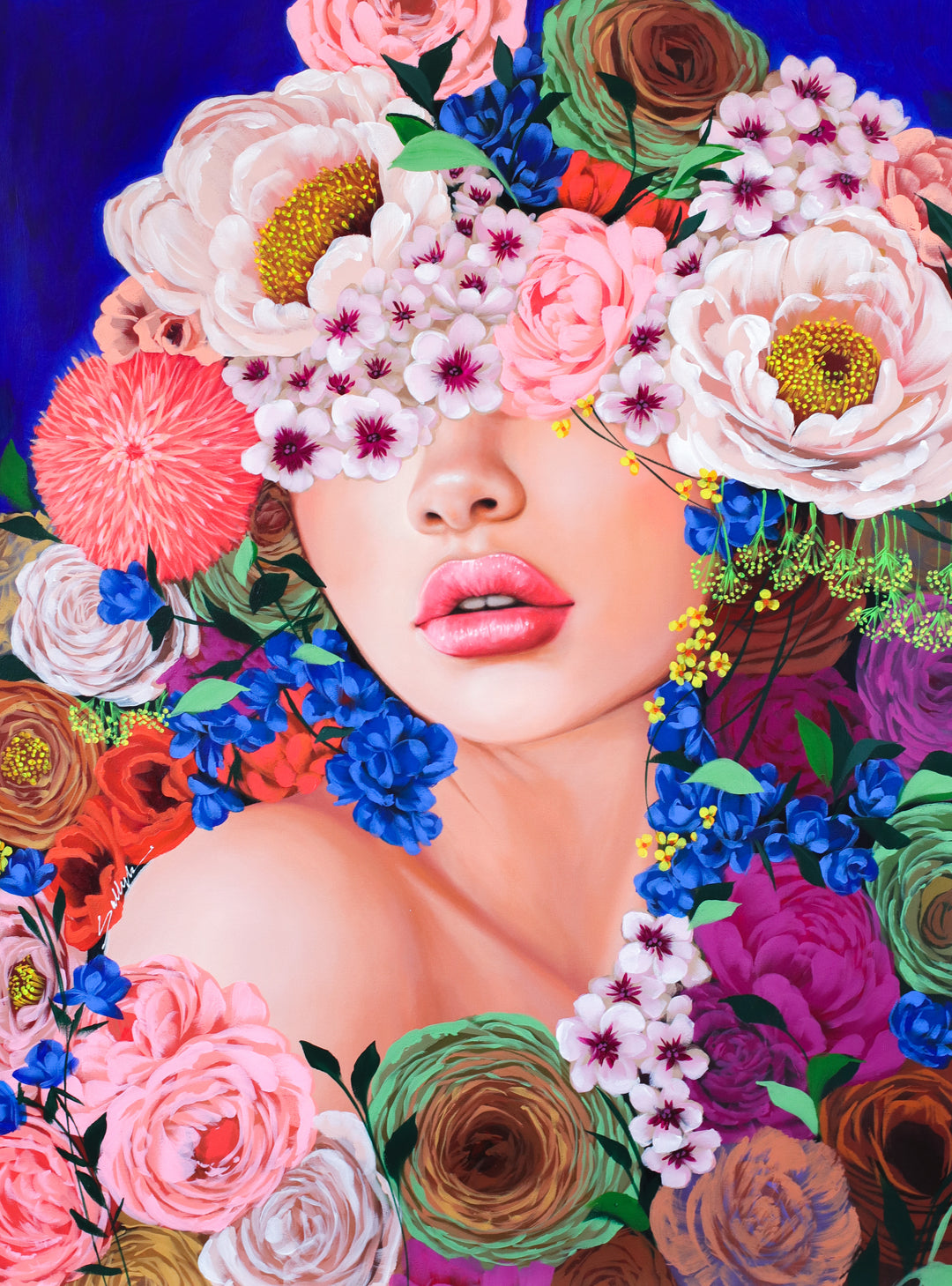 37"W x 50"H Acrylic portrait on canvas. Woman with the upper half of her face and hair covered with colorful flowers that extend into the foreground.