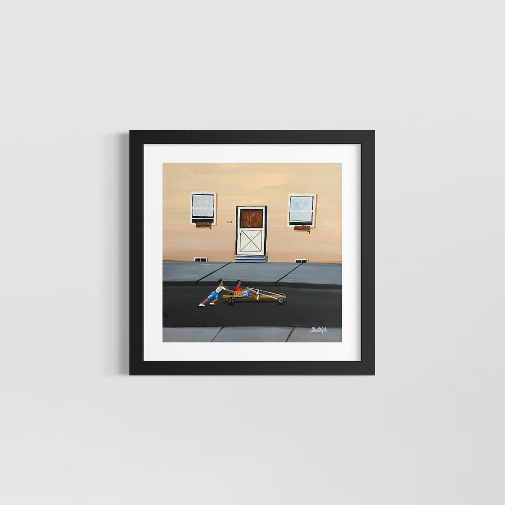two boys playing race car in street outside of house with door and windows