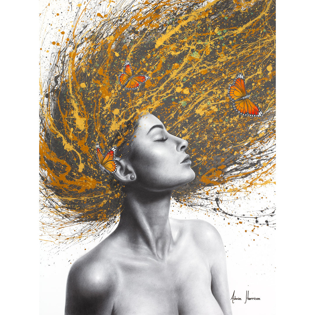 black and white profile woman flipping her hair on gold orange yellow and black splatter hair with orange monarch butterflies in hair on white background
