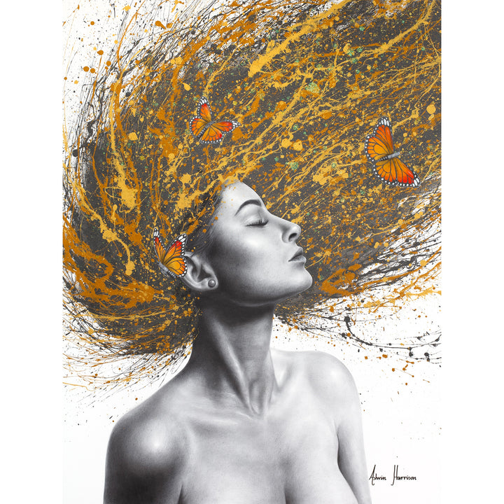 black and white profile woman flipping her hair on gold orange yellow and black splatter hair with orange monarch butterflies in hair on white background