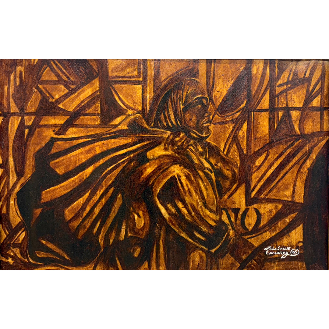 brown shades painting of a figure carrying over shoulder, fabric and patterns depicted made of 100% coffee