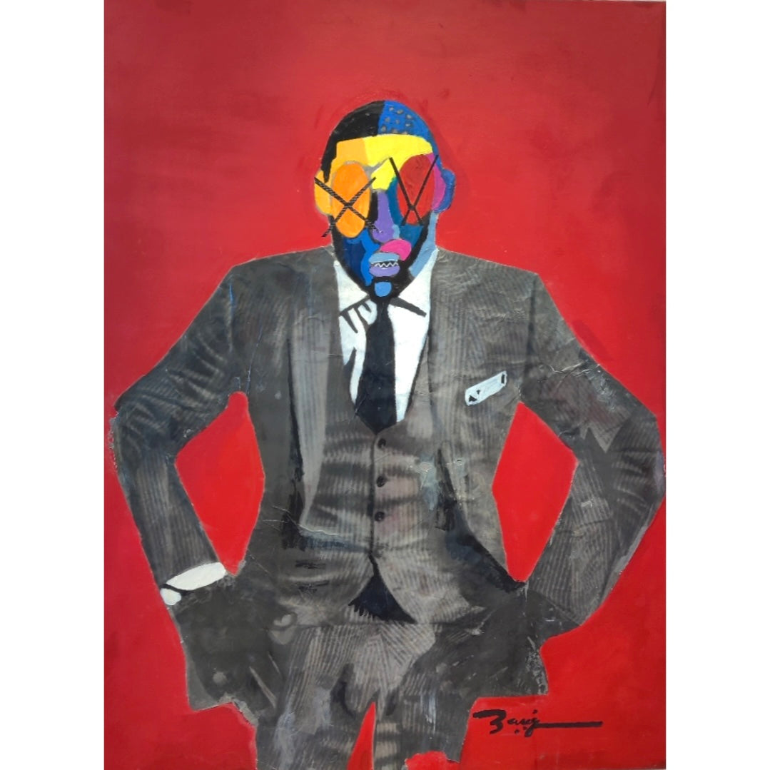 man in grey striped suit hands on hips with colorful painted face, x's over eyes on red background