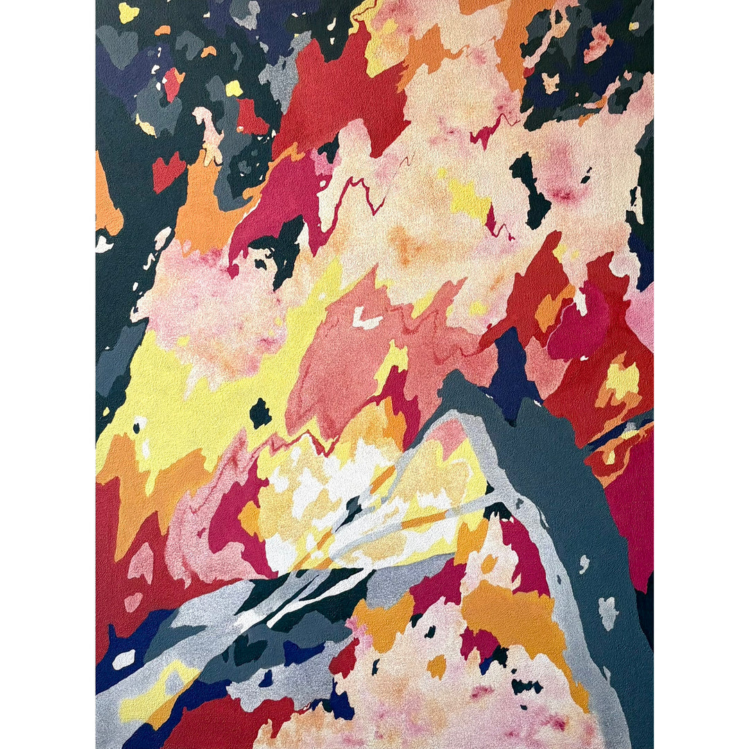 abstract fire bonfire logs with gradient pink and orange color and red blue shapes in opaque oil paint layering transparent organic shapes 