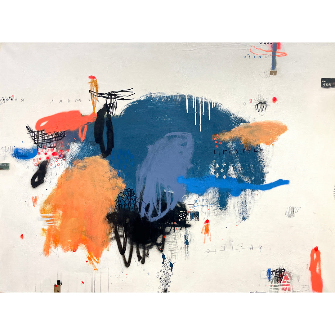 blue splotches of color in paint in scribbles and dripping, blue orange black and doodles on white background