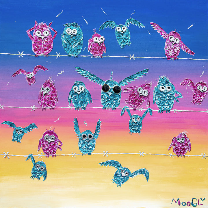 48" x 48" acrylic on canvas painting of pink and blue birds on barbed wire over a yellow-pink-blue gradient background. 