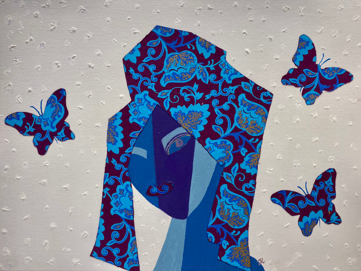 collage abstract mixed media blue butterfly