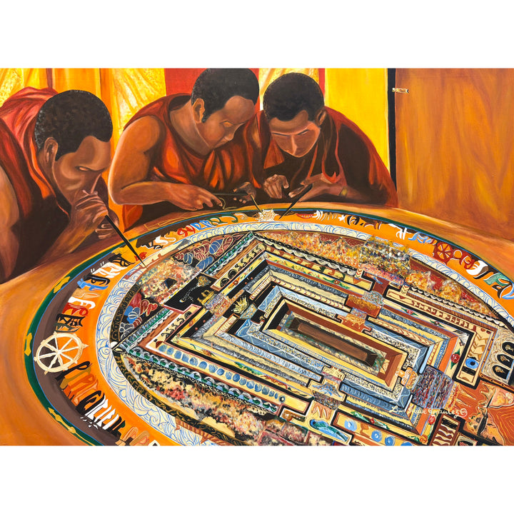 three men gathered around table with detailed colorful mandala sand creating art