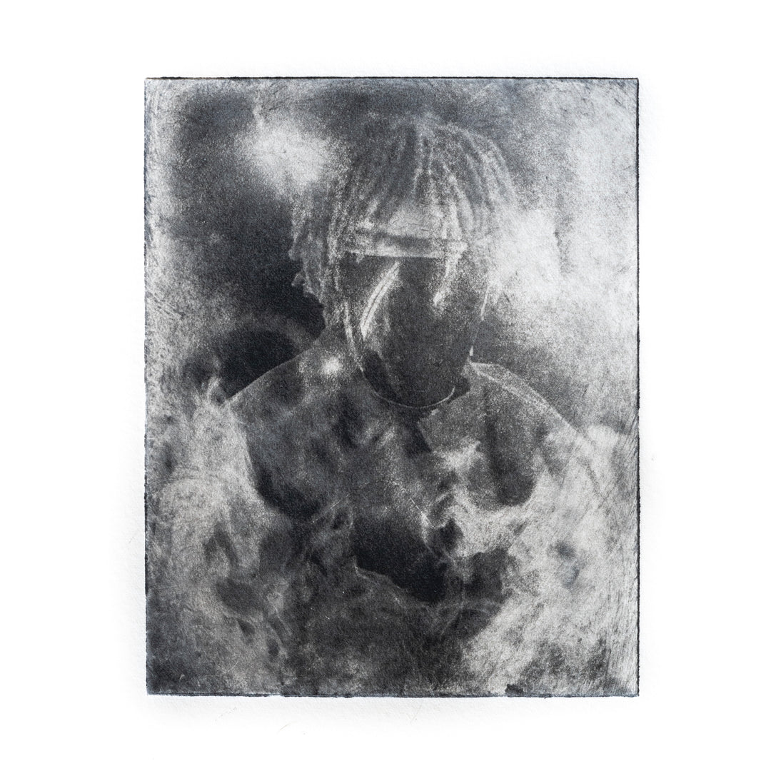 cloudy silhouette portrait blur face hair light dark black and white print 