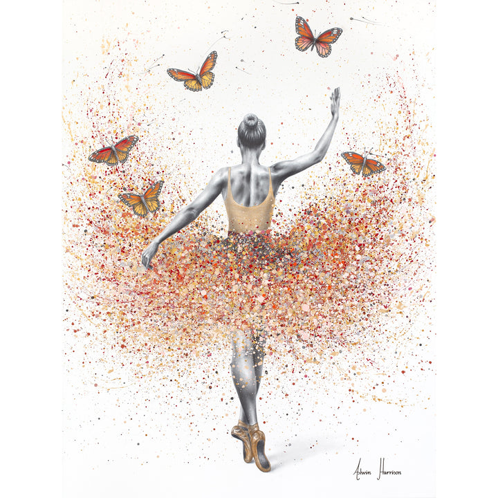 ballerina figure woman in black and white wearing orange dress with orange splatter paint tutu and orange monarch butterflies on white background