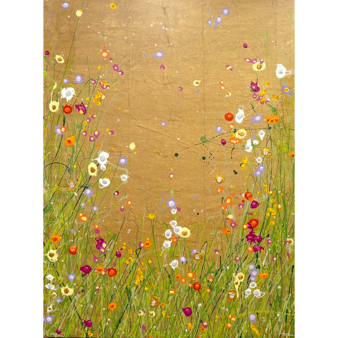 golden floral landscape with green splattered grass and abstract expressionist flowers on resin surface 