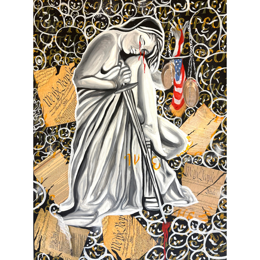 white statue like woman figure sitting with knee up and sword, blood crying out of eyes on background of collaged smile faces and torn pages of the United States Constitution