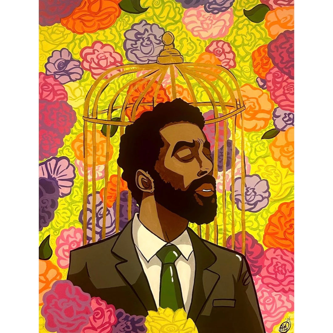 black man in suit and tire appearing before a gold birdcage against colorful floral background