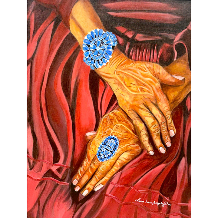 old woman wrinkled hands laid on top of her lap, red dress fabric in background, big blue decorative bracelets 