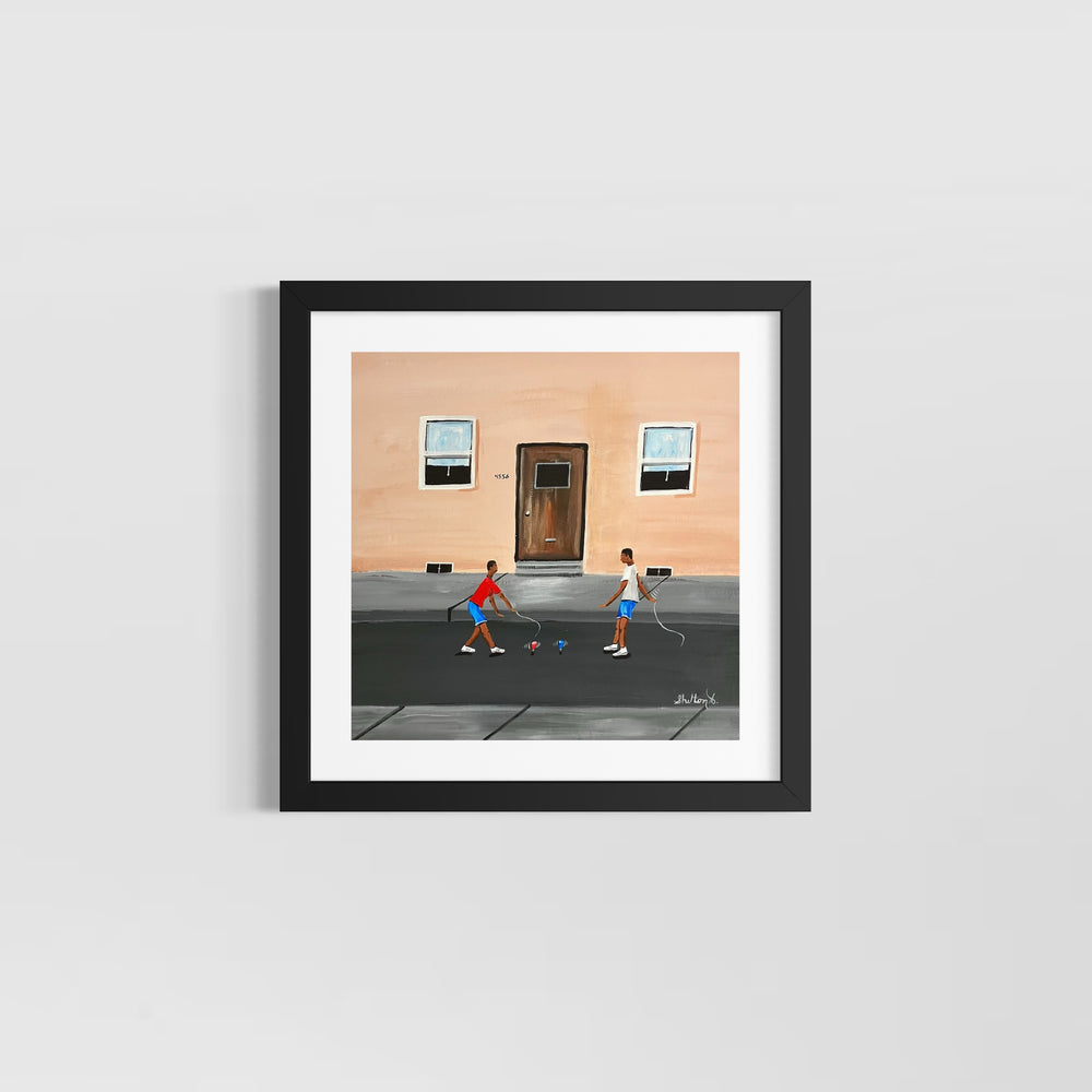 two boys playing in street with sticks and rolling tops out front house with door and windows