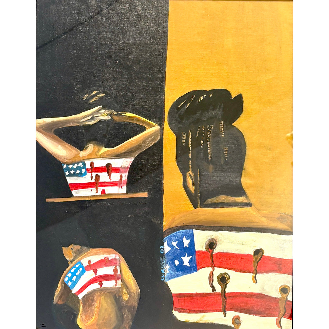 three black female figures  with American flags on their backs, bearing bullet hole wounds, blood streaking, in a spit composition of gold and black background