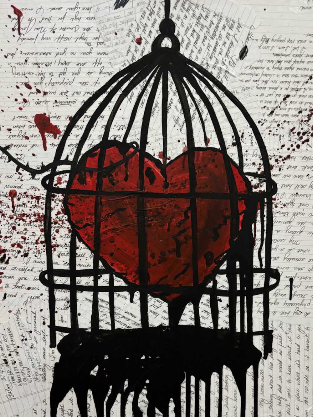 mixed media prison heart chain cage love letter 