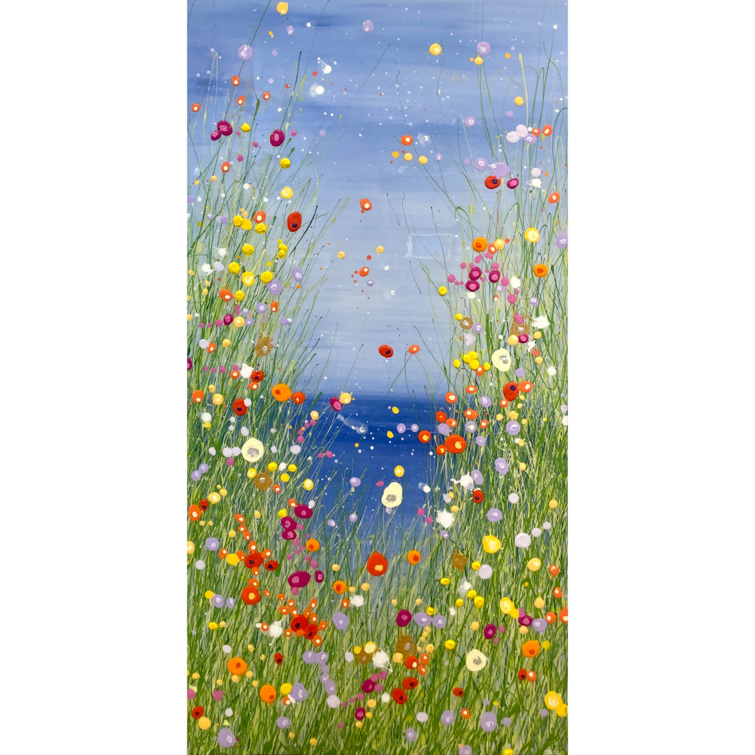 abstract floral landscape in vertical composition looking through splattered grass and flowers with resin on blue gradient background