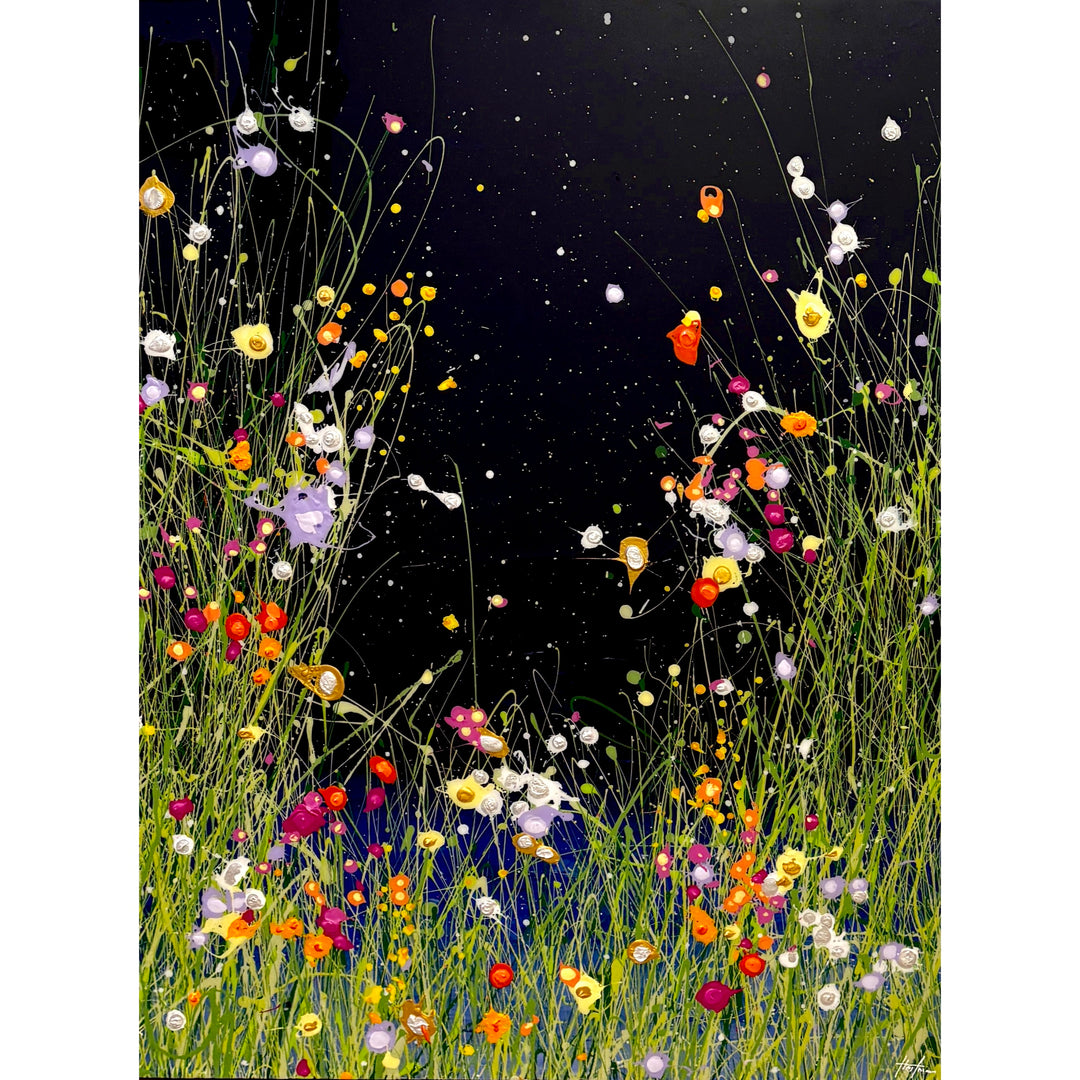 abstract floral landscape on dark background gradient to blue with splattered grass expressionist bobs of paint flowers and resin