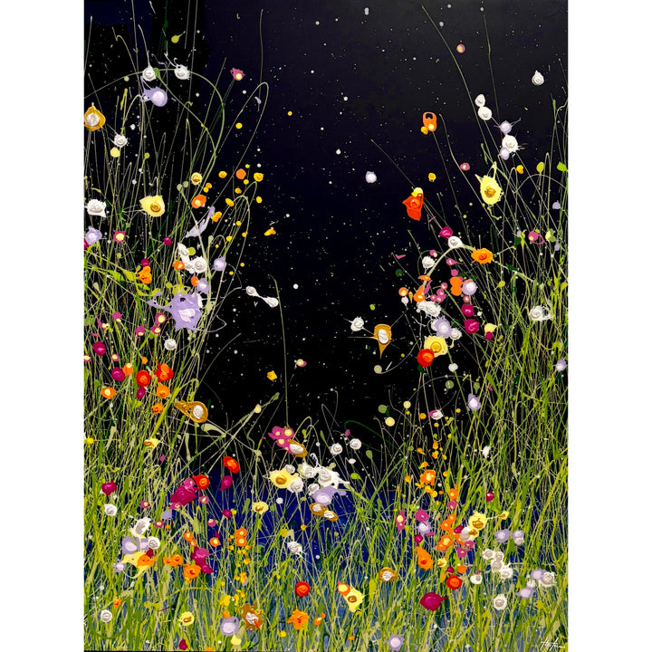abstract floral landscape on dark background gradient to blue with splattered grass expressionist bobs of paint flowers and resin