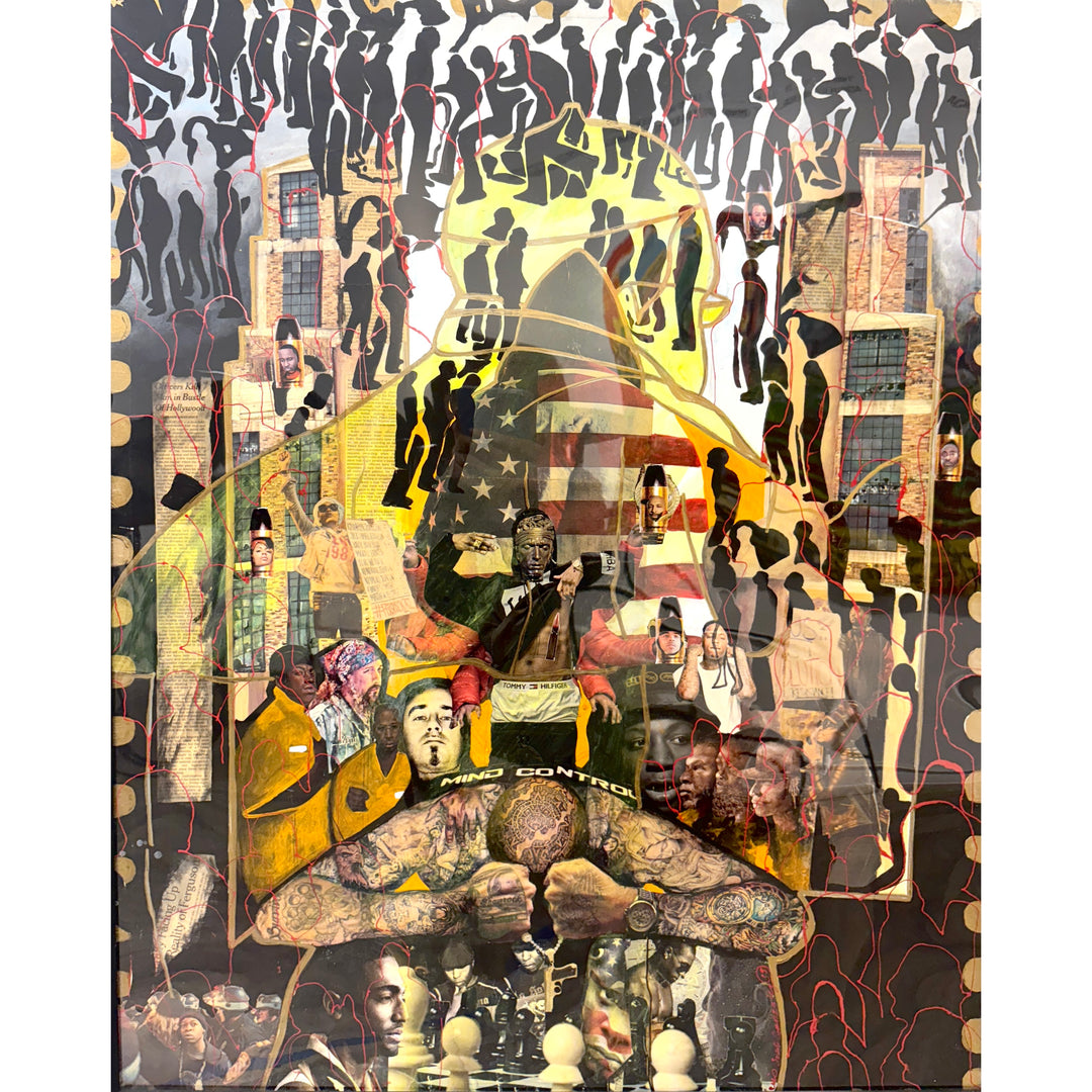 photographic collage with figures in color and black and white, figure draped in American flag, yellow pope figure and black illustrative doodled figures surrounding 