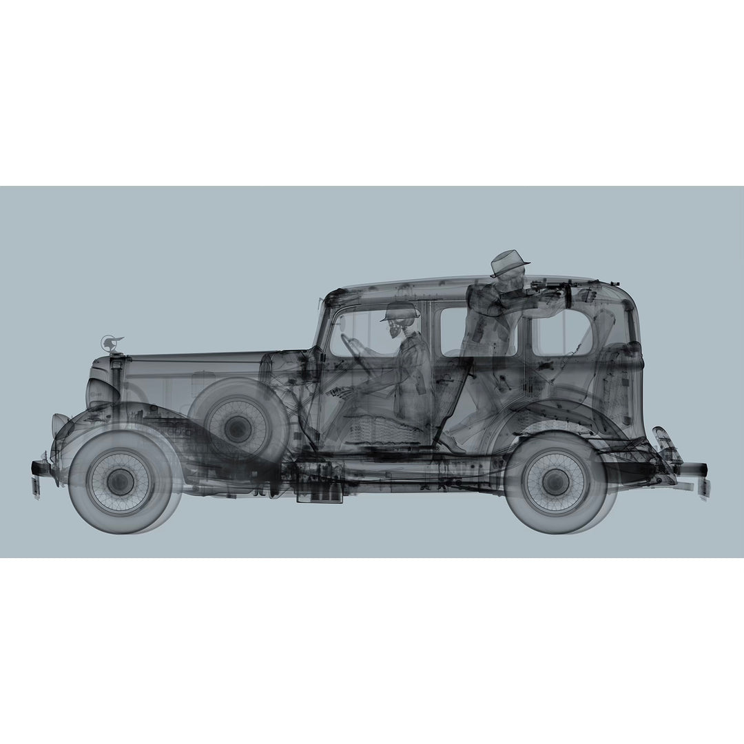 xray photography skeleton car interior and men with guns on 1930s car pontiac in black and grey