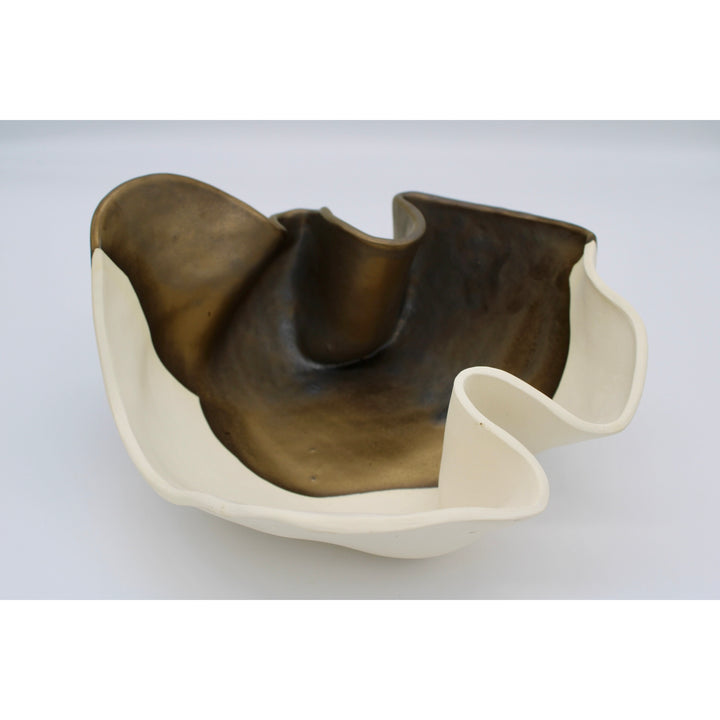organic fluid shaped ceramic sculpture half bronze brown half cream