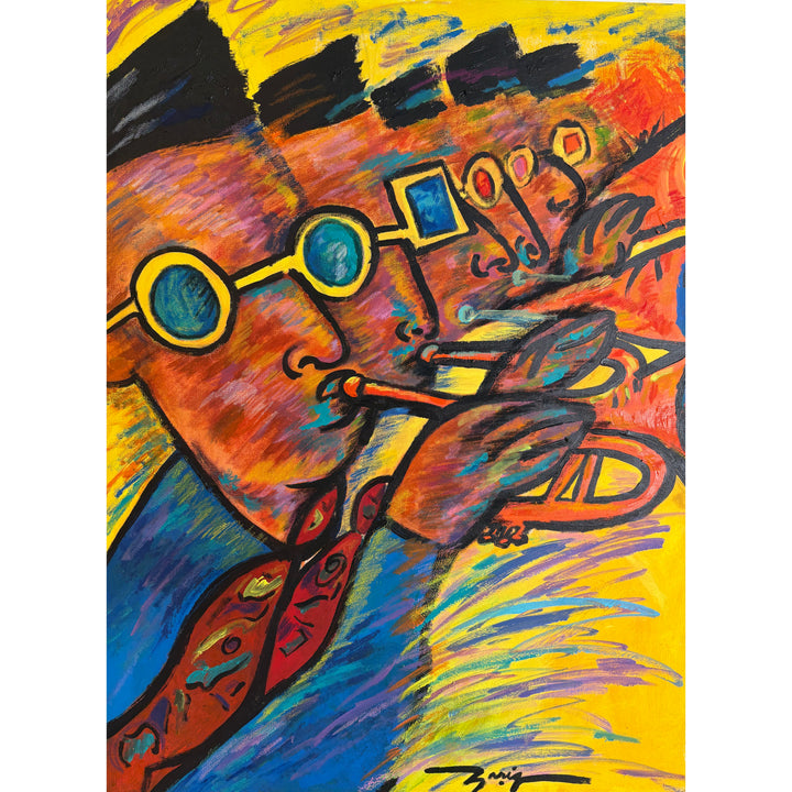 black man playing trumpet down the line repeating figure with sunglasses blue shirt against yellow abstract expressionist background