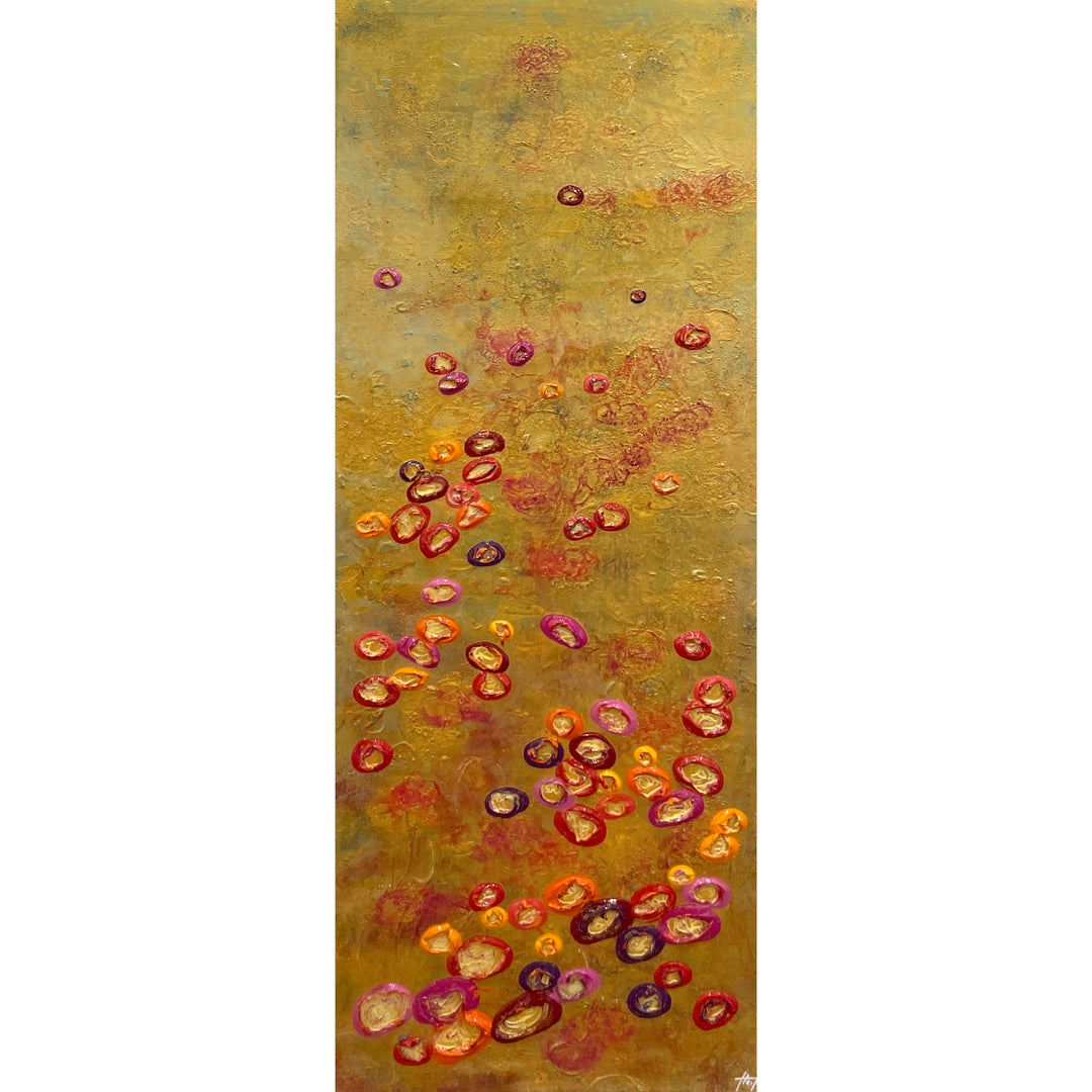 organic blob craters in pink purple and orange with resin on top a golden background