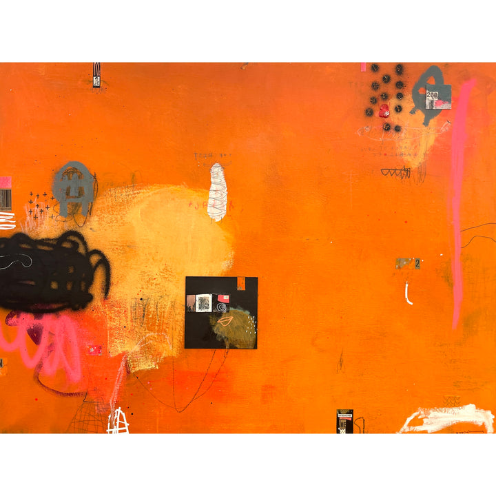 collage spray paint graphite pencil in pink orange and black with lines dots patterns and paint on orange background