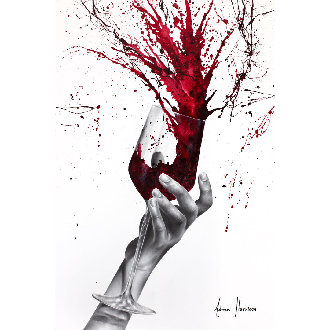 black and white hand holding wine glass red paint splattering out of glass onto background red paint splatter