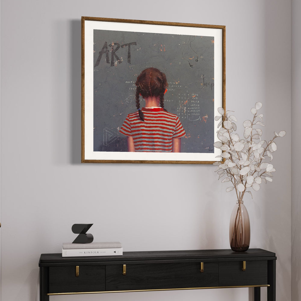 Intelligence Test III oil and acrylic painting by Tomasa Martin of a girl with braids in a striped shirt doing math equations.