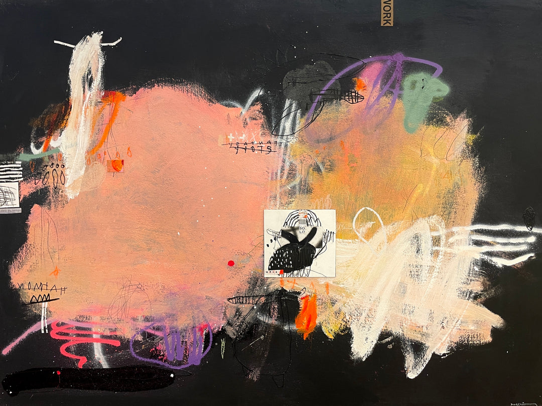 pink and yellow orange splotches of color with doodles in white purple and pink with collaged paper graphite on black background