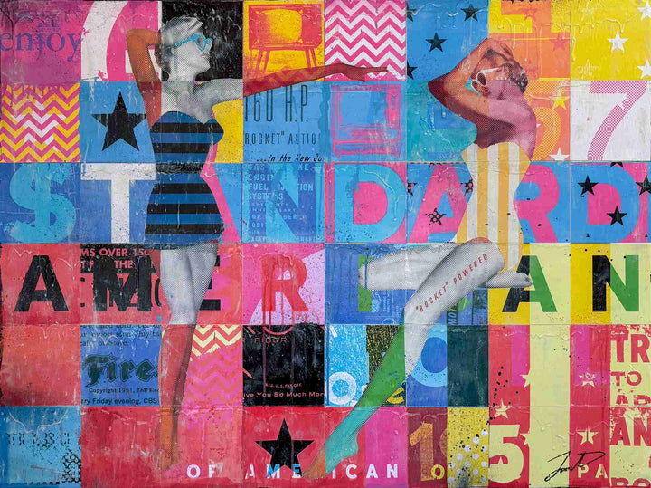 A Certain Standard by Jon Davenport — close-up of Neo-Pop mixed media painting showing a retro pin-up figure in a striped dress over "Standard" and "American" collage typography with stars and chevrons