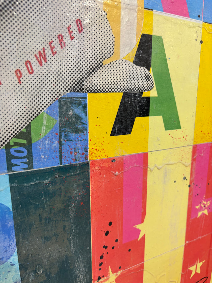A Certain Standard by Jon Davenport — angled detail of Neo-Pop mixed media painting showing "Powered" text, bold letterforms and colorful geometric collage with stars