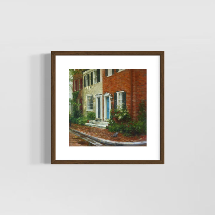 brick row homes with greenery on front lawn and windows cat on corner outdoor building landscape realism oil painting