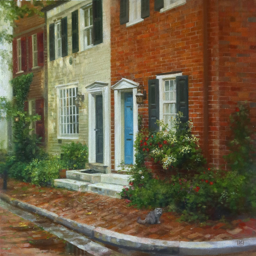 brick row homes with greenery on front lawn and windows cat on corner outdoor building landscape realism oil painting
