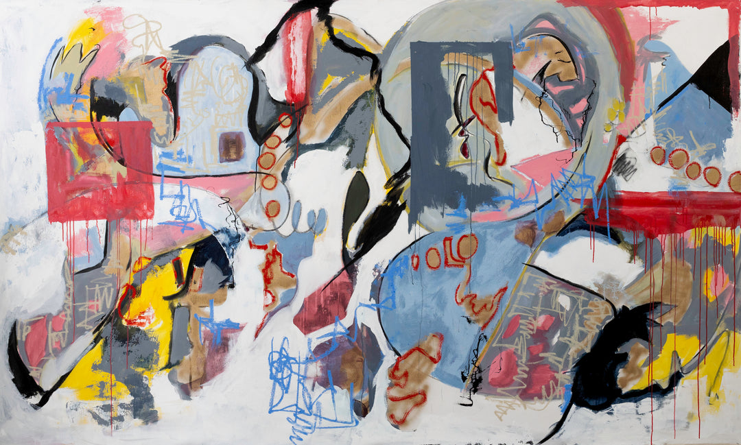 Large-scale abstract expressionist painting titled Alchemy by Donna Isham. The contemporary mixed-media style artwork features layered acrylic and oil paint with expressive gestural brushstrokes, graffiti-inspired markings, looping black lines, geometric forms, paint drips, and textured color fields in blue, red, yellow, gray, pink, and white. The dynamic composition creates an energetic and immersive modern art aesthetic.
