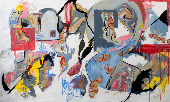 Large-scale abstract expressionist painting titled Alchemy by Donna Isham. The contemporary mixed-media style artwork features layered acrylic and oil paint with expressive gestural brushstrokes, graffiti-inspired markings, looping black lines, geometric forms, paint drips, and textured color fields in blue, red, yellow, gray, pink, and white. The dynamic composition creates an energetic and immersive modern art aesthetic.